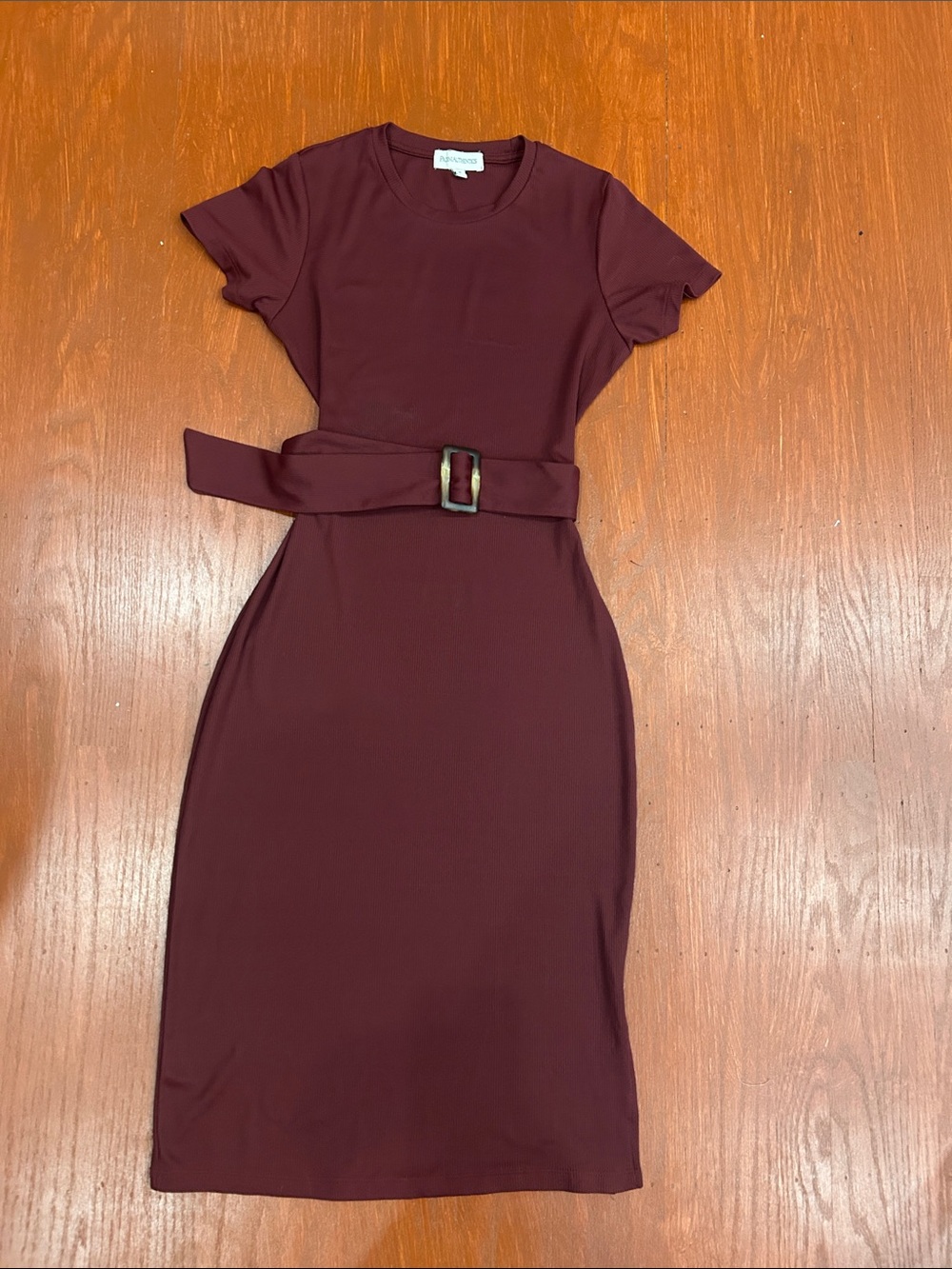 Short Sleeve Belted Midi Dress in Deep Burgundy